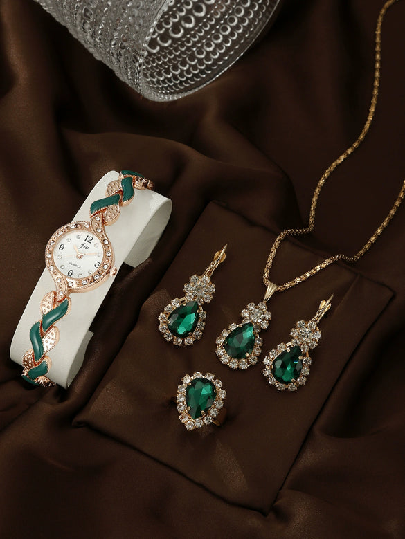 Women's Alloy Round Dial Quartz Watch And Leaf Bracelet Set