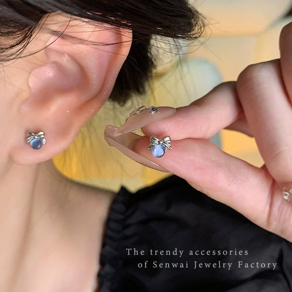 Women's Alloy S925 Silver Needle Blue Opalite Moon Bow Electroplated Earrings