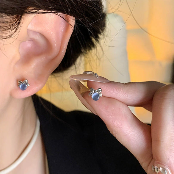 Women's Alloy S925 Silver Needle Blue Opalite Moon Bow Electroplated Earrings