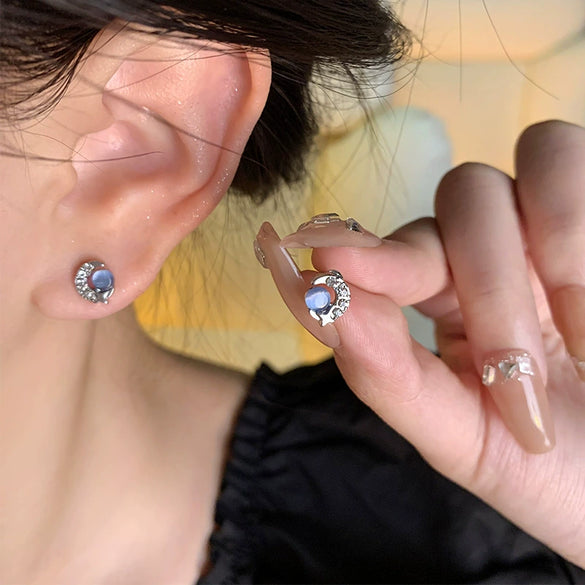 Women's Alloy S925 Silver Needle Blue Opalite Moon Bow Electroplated Earrings