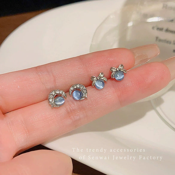 Women's Alloy S925 Silver Needle Blue Opalite Moon Bow Electroplated Earrings