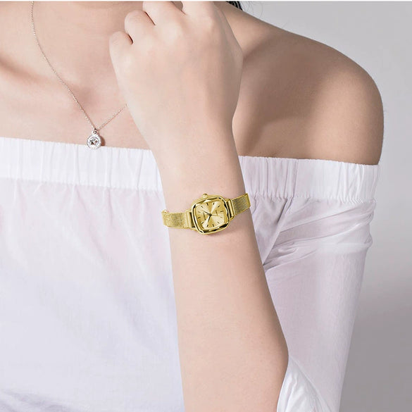 Women's Alloy Shell And Mesh Belt Square Retro Fashion Light Luxury Quartz Watch