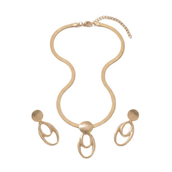 Women's Alloy Snake Chain Necklace And Earring Set With Geometric Oval Hollow Pendant And Plated Finish