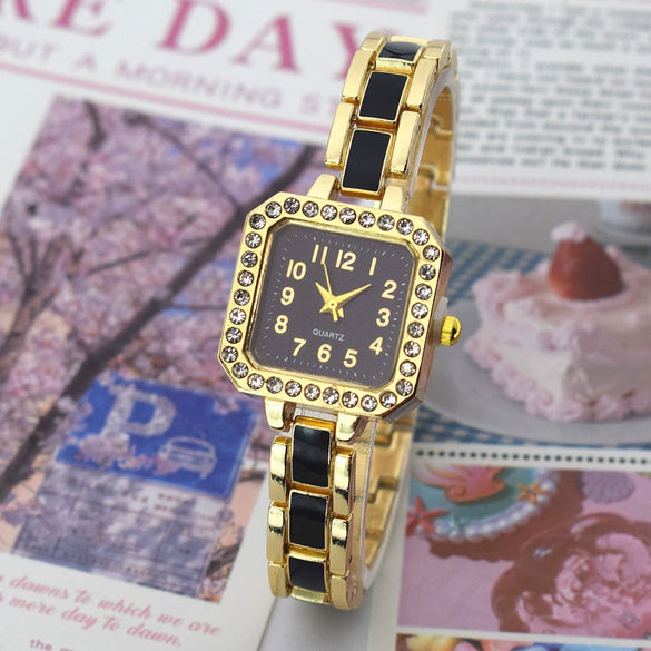 Women's Alloy Square Diamondencrusted Oildropping Bracelet Watch Casual Style