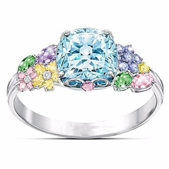 Women's Alloy Square Multicolored Gemstone Imitation Zirconium Engagement Ring With Geometric Design And Electroplating