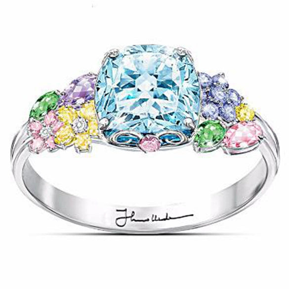 Women's Alloy Square Multicolored Gemstone Imitation Zirconium Engagement Ring With Geometric Design And Electroplating