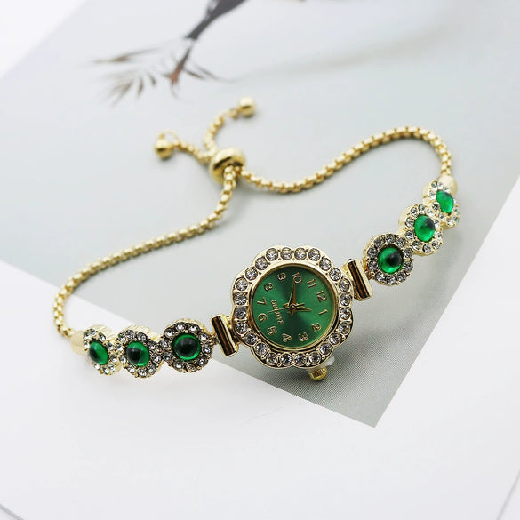 Women's Alloy Stainless Steel Luxury Elegant Fashion Quartz Watch With Chalcedony Bracelet And Pull Rope Free Adjustment