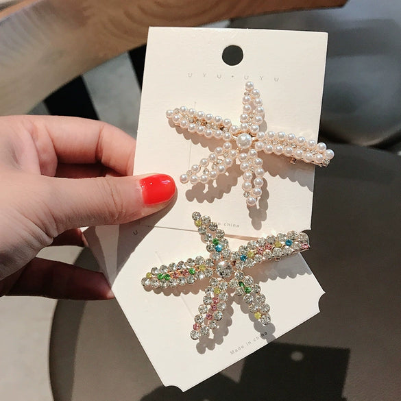 Women's Alloy Starfish Pearl Rhinestone Hairpin Electroplated Duckbill Clip Shark Clip Headwear