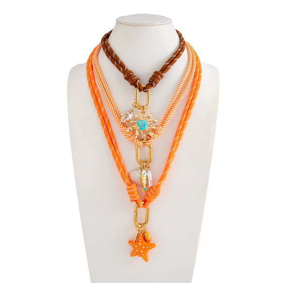 Women's Alloy Starfish Seashell And Fish Pendant Necklace With Handmade Nylon Rope Chain For Layered Vacation Style