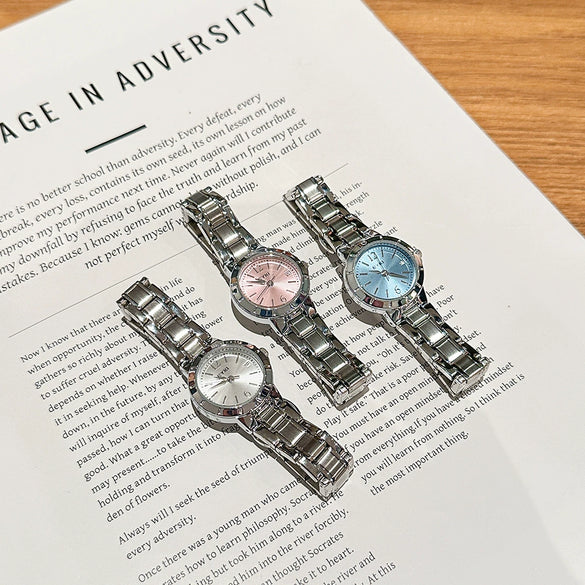 Women's Alloy Steel Belt Quartz Watch With Round Dial And Butterfly Double Snap Button Leisure Style
