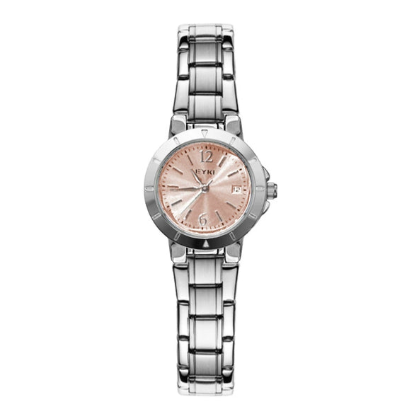 Women's Alloy Steel Belt Quartz Watch With Round Dial And Butterfly Double Snap Button Leisure Style