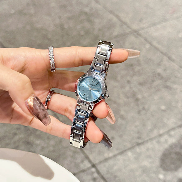 Women's Alloy Steel Belt Quartz Watch With Round Dial And Butterfly Double Snap Button Leisure Style