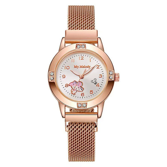 Women's Alloy Strap Cartoon Style Round Dial Quartz Watch With Rose Gold And Diamond Inlay