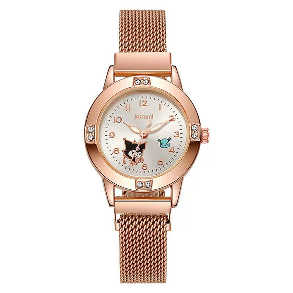 Women's Alloy Strap Cartoon Style Round Dial Quartz Watch With Rose Gold And Diamond Inlay