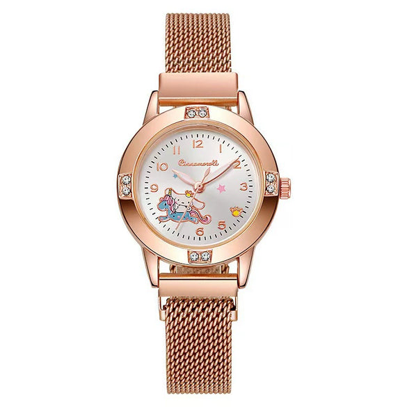 Women's Alloy Strap Cartoon Style Round Dial Quartz Watch With Rose Gold And Diamond Inlay