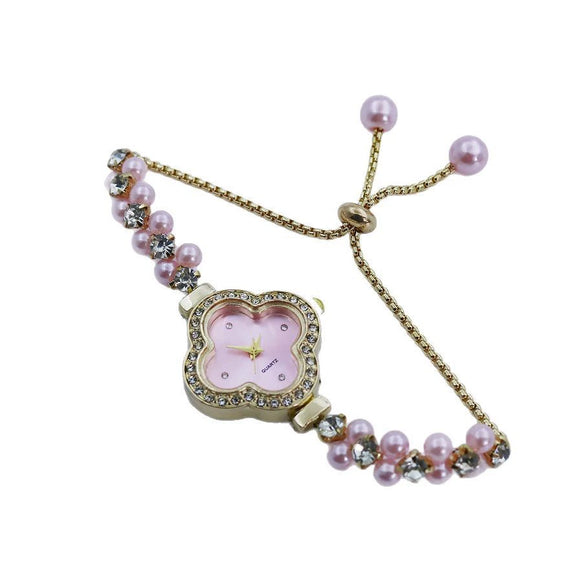 Women's Alloy Strap Flower Shape Fashion Watch With Pearl Diamond Four Leaf Clover Design