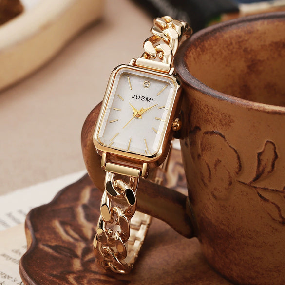Women's Alloy Strap Square Hollow Fashion Leisure Watch With Stainless Steel Buckle