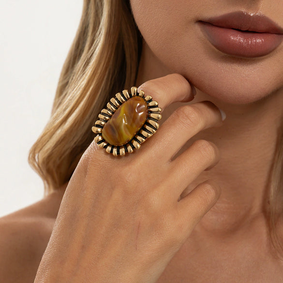 Women's Alloy Sunflower Open Ring With Retro Gradient Resin Gemstone Geometric Round Setting And Plated Finish For Stacking