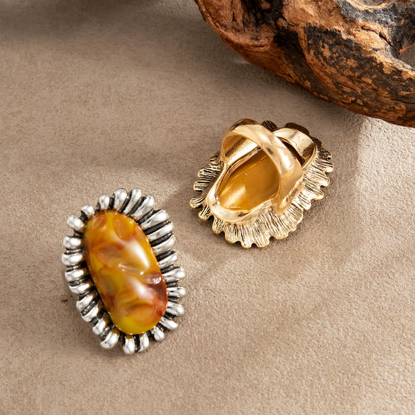 Women's Alloy Sunflower Open Ring With Retro Gradient Resin Gemstone Geometric Round Setting And Plated Finish For Stacking