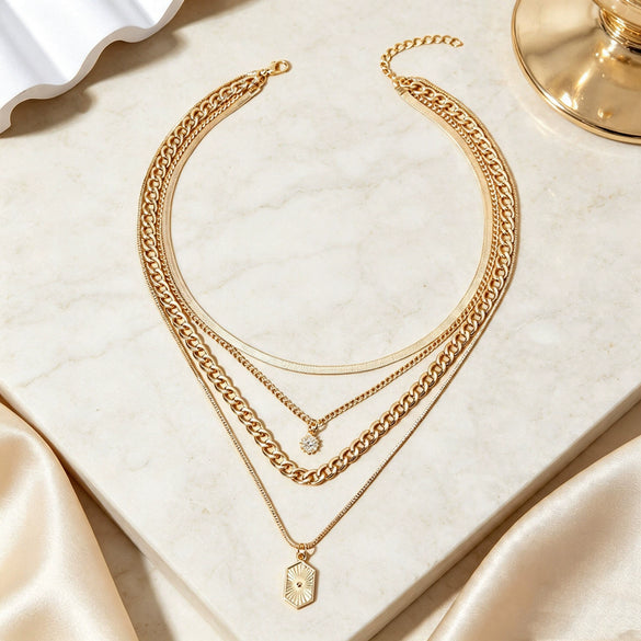 Women's Alloy Sunflower Pendant Necklace With Electroplated Geometric Rhombus Layered Chain Design