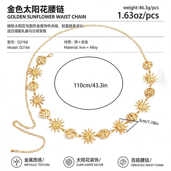 Women's Alloy Sunflower Round Patchwork Waist Chain With Pleated Body Chain Design And Lobster Clasp