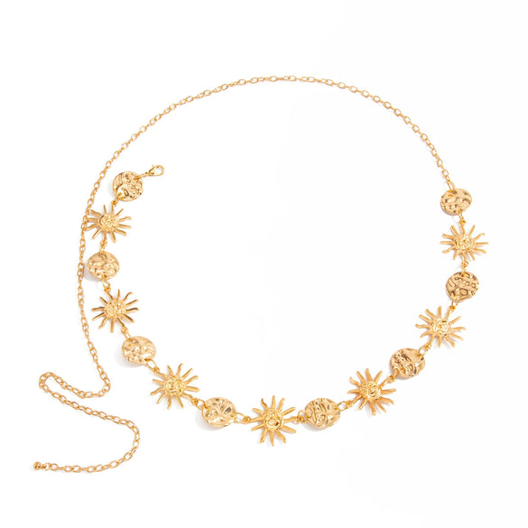 Women's Alloy Sunflower Round Patchwork Waist Chain With Pleated Body Chain Design And Lobster Clasp