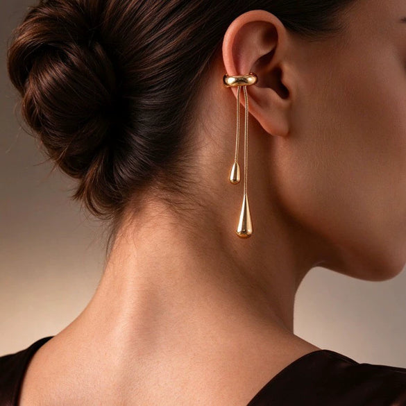 Women's Alloy Teardrop Chain Tassel Ear Cuff Earrings Long Geometric Nonpierced Design With Ecofriendly Electroplated Finish