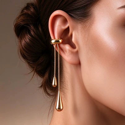 Women's Alloy Teardrop Chain Tassel Ear Cuff Earrings Long Geometric Nonpierced Design With Ecofriendly Electroplated Finish