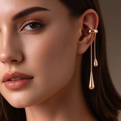 Women's Alloy Teardrop Chain Tassel Ear Cuff Earrings Long Geometric Nonpierced Design With Ecofriendly Electroplated Finish