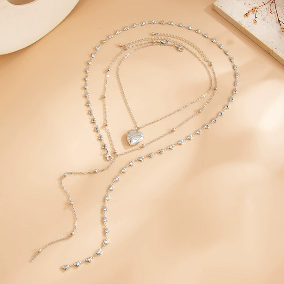 Women's Alloy Threedimensional Heart Pendant Necklace With Geometric Yshaped Tassel Chain Plated Sweet And Cool Layered Jewelry