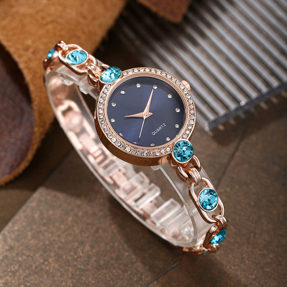 Women's Alloy Watch And Gemstone Bracelet With Round Dial And Horseshoe Buckle Leisure Style