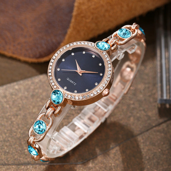 Women's Alloy Watch And Gemstone Bracelet With Round Dial And Horseshoe Buckle Leisure Style