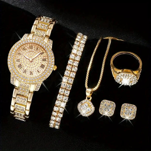 Women's Alloy Watch Fivepiece Set Round Dial Spiral Crown Pin Buckle Ordinary Glass Mirror Leisure Style