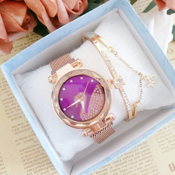 Women's Alloy Watch Set With Magnet Buckle And Round Dial Leisure Style