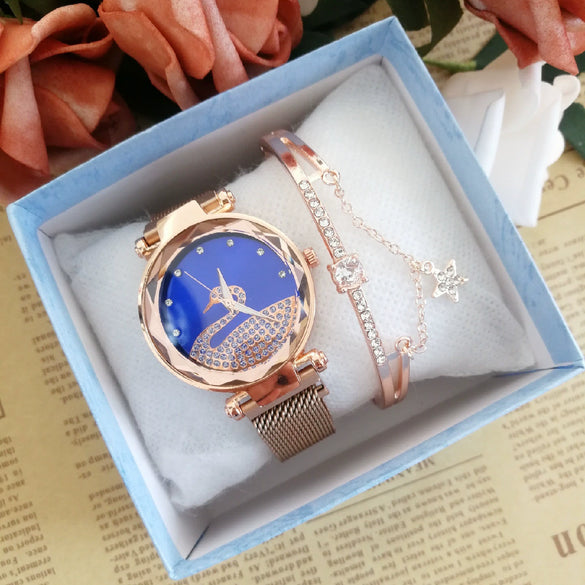 Women's Alloy Watch Set With Magnet Buckle And Round Dial Leisure Style