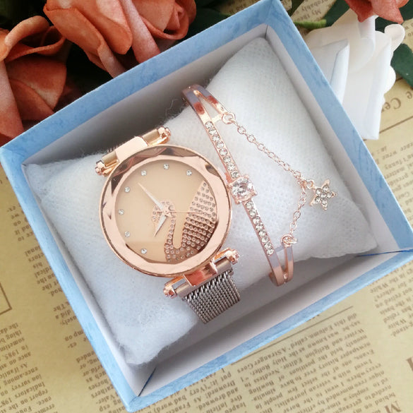 Women's Alloy Watch Set With Magnet Buckle And Round Dial Leisure Style