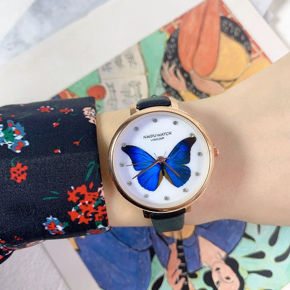 Women's Alloy Watch With Blue Butterfly Design Simple Elegant Fashion Style