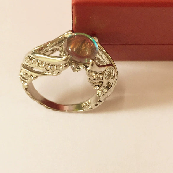 Women's Alloy White Swan Cutout Ring With Colorful Imitation Moonstone Geometric Design Electroplated Fashion Jewelry