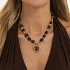 Women's Ambertoned Resin Beaded Necklace With Geometric Heart Pendant Handmade Retro Statement Jewelry With Lobster Clasp