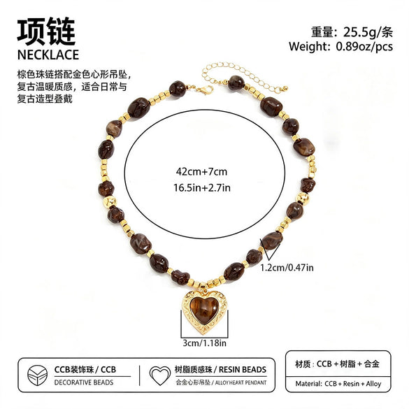 Women's Ambertoned Resin Beaded Necklace With Geometric Heart Pendant Handmade Retro Statement Jewelry With Lobster Clasp
