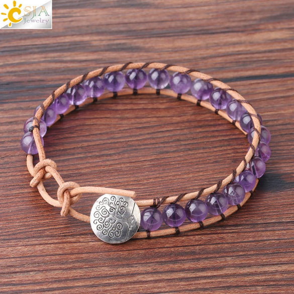 Women's Amethyst Natural Stone Beaded Bracelet With Cowhide Rope And Copper Accessories Fashion Jewelry