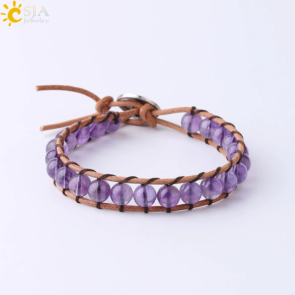 Women's Amethyst Natural Stone Beaded Bracelet With Cowhide Rope And Copper Accessories Fashion Jewelry