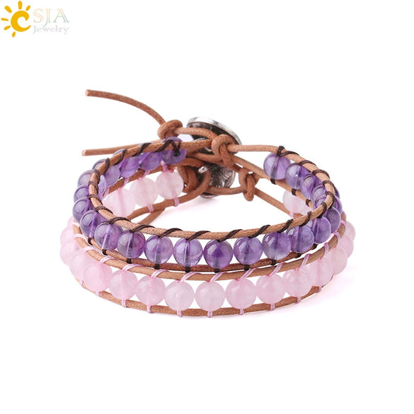 Women's Amethyst Natural Stone Beaded Bracelet With Cowhide Rope And Copper Accessories Fashion Jewelry