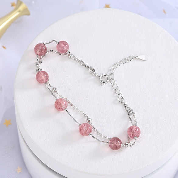 Women's And Children's Sterling Silver Doublelayer Bracelet With Pink Strawberry Crystal Geometric Design And Electroplated Finish
