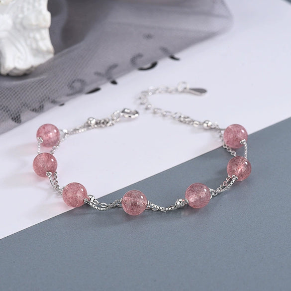 Women's And Children's Sterling Silver Doublelayer Bracelet With Pink Strawberry Crystal Geometric Design And Electroplated Finish