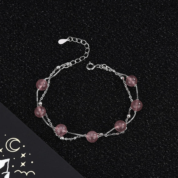 Women's And Children's Sterling Silver Doublelayer Bracelet With Pink Strawberry Crystal Geometric Design And Electroplated Finish