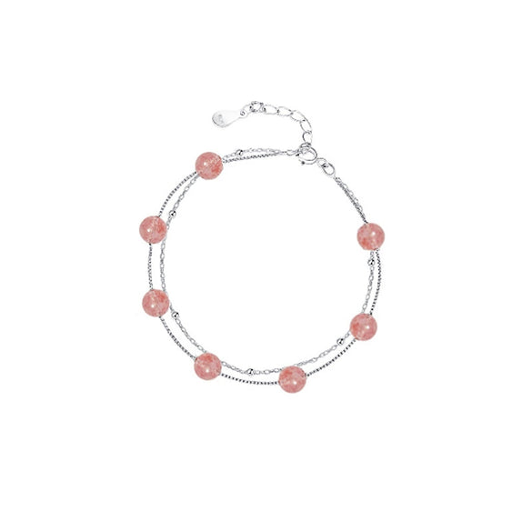 Women's And Children's Sterling Silver Doublelayer Bracelet With Pink Strawberry Crystal Geometric Design And Electroplated Finish