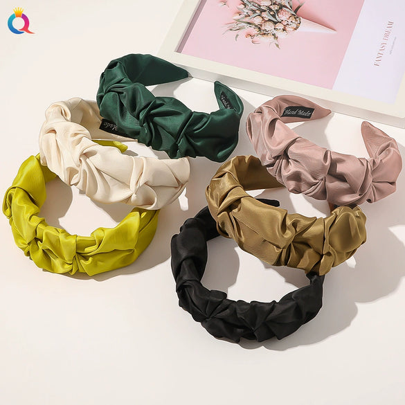 Women's And Girls' Handmade Pleated Wide Headband Solid Color Polyester Cotton Fabric Hair Accessory With Lace Detail