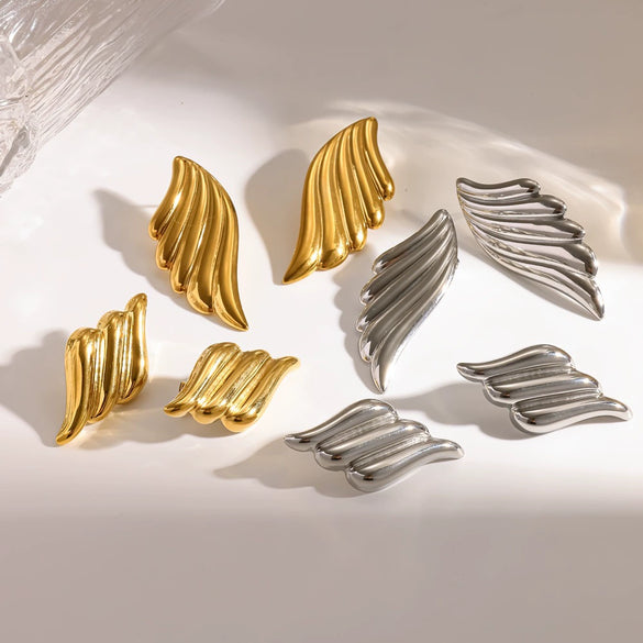 Women's Angel Wing Geometric Stud Earrings With Textured Design In Titanium Steel And Stainless Steel With Real Gold Plated Finish