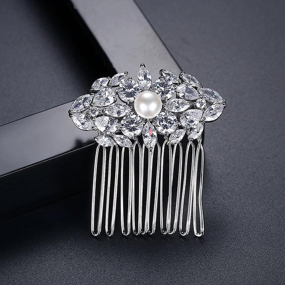 Women's Antique Copper Floral Zircon Bridal Hair Comb With Pearl Accent Elegant Side Hair Accessory